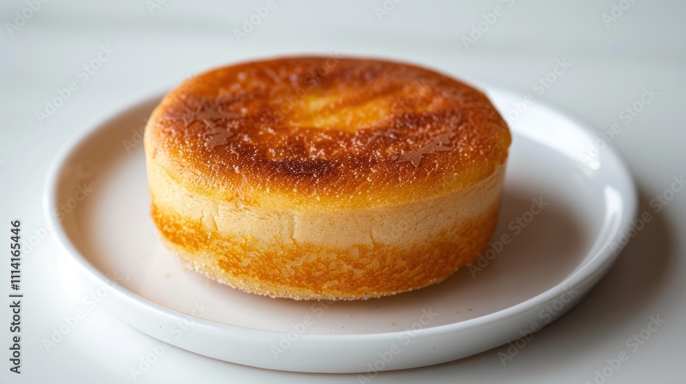 A golden, fluffy cheesecake on a white plate, showcasing its smooth texture and baked top. A golden, fluffy cheesecake on a white plate, showcasing its smooth texture and baked top.