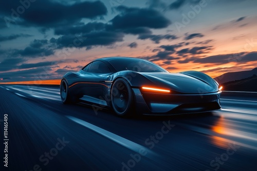 Sleek Modern Sports Car on Open Highway at Sunset with Dramatic Sky and Vibrant Colors