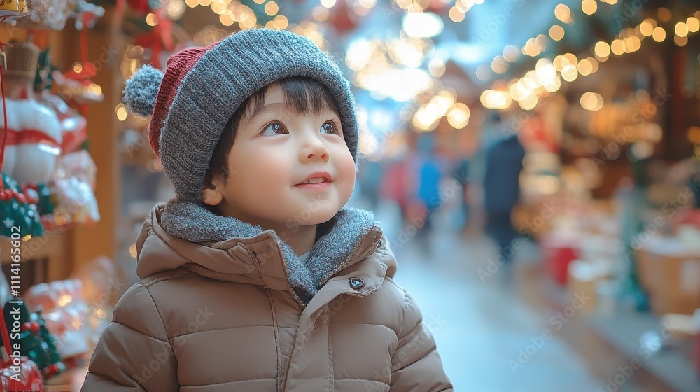 Asian child in winter coat, looking at Christmas market, holiday decorations, festive street Asian child in winter coat, looking at Christmas market, holiday decorations, festive street