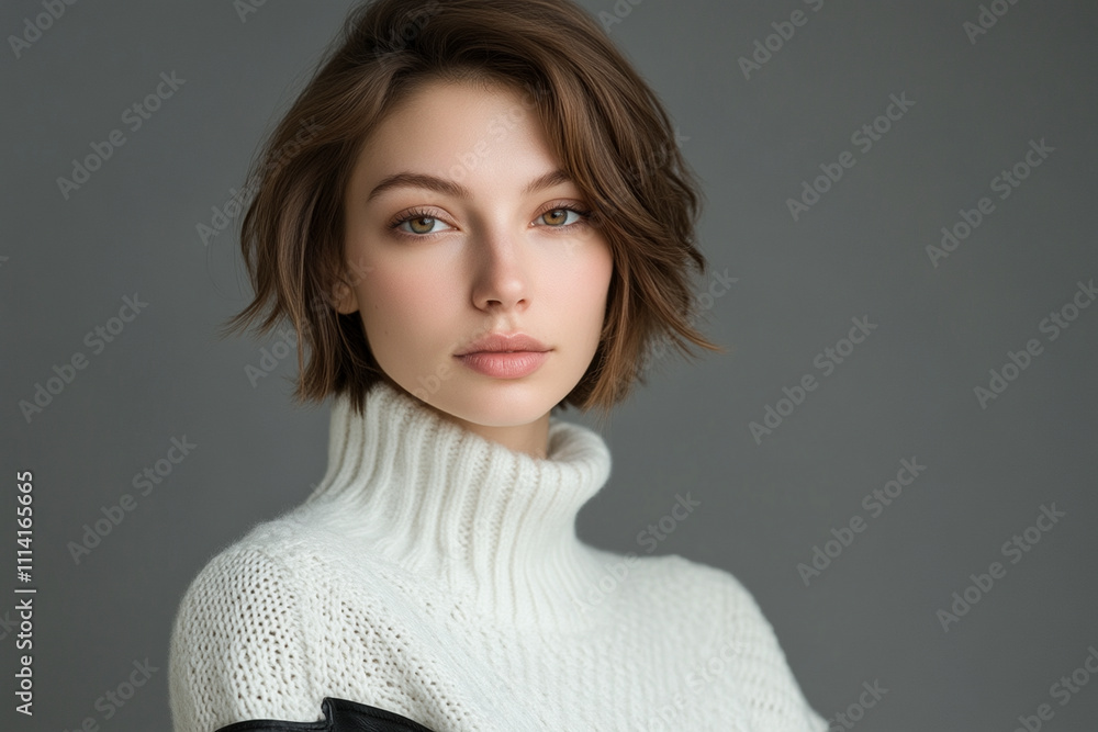 Woman with Short Brown Hair and White Turtleneck Sweater Woman with Short Brown Hair and White Turtleneck Sweater