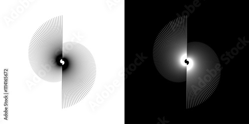 Dynamic abstract spiral sound wave rhythm lines. Circular spiral sound wave rhythm of lines. Circular futuristic abstract lines, black and white background.