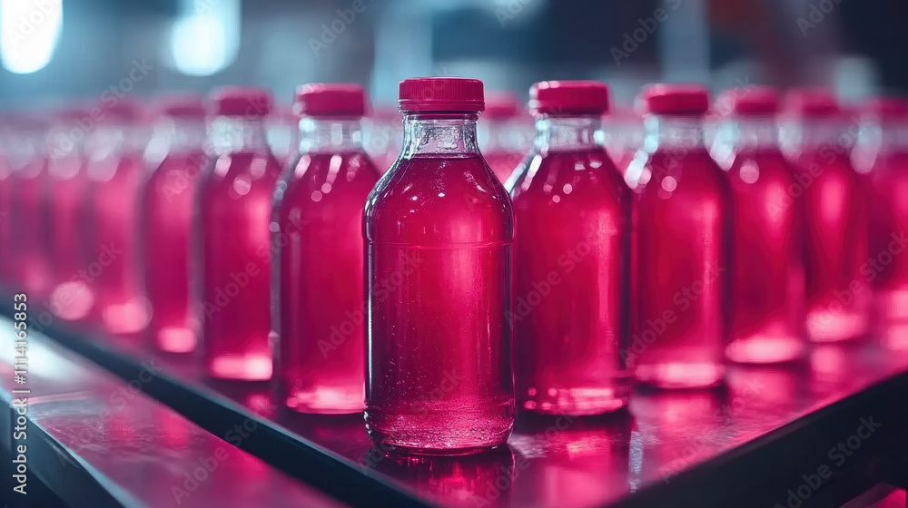 Juice factory. A captivating array of pink bottles filled with a vibrant liquid, lined up neatly on a conveyor belt in a production setting. Juice factory. A captivating array of pink bottles filled with a vibrant liquid, lined up neatly on a conveyor belt in a production setting.