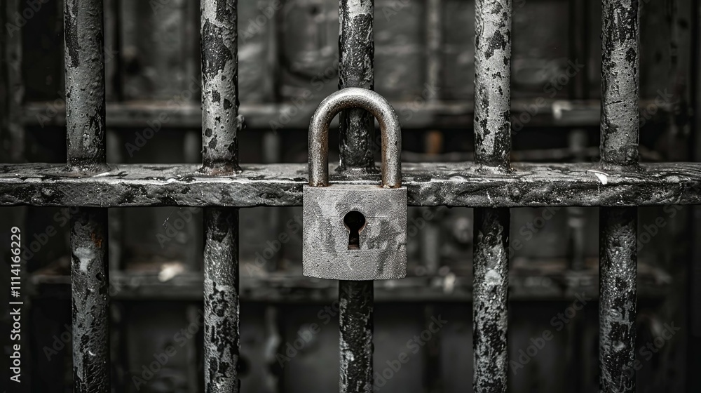 Weathered Metal Lock Securing Aged Prison Bars Weathered Metal Lock Securing Aged Prison Bars