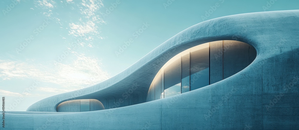 Futuristic Curved Concrete Building with Large Windows Under a Clear Blue Sky Futuristic Curved Concrete Building with Large Windows Under a Clear Blue Sky