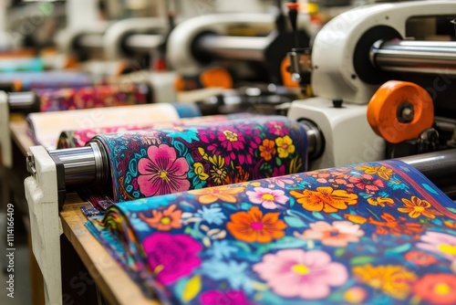 A row of modern printing machines in a well-lit workshop each producing colorful vibrant textiles photo