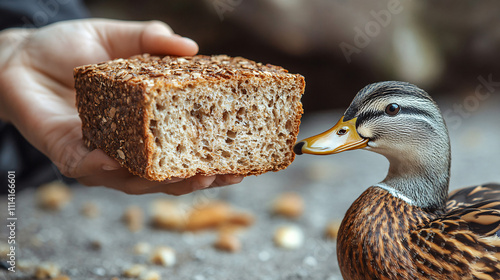 A person offers a piece of bread to a curious duck in a natural setting, showcasing a moment of interaction between humans and wildlife.