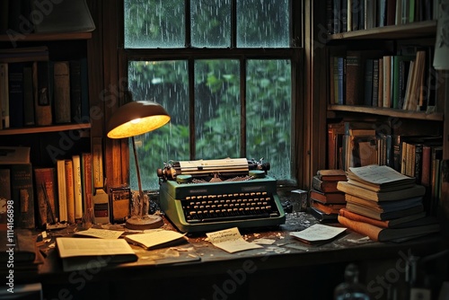 Old typewriter sits amid piles of books during rain. Generative AI