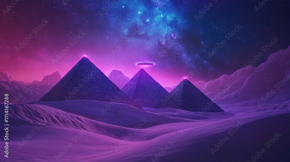 Fototapeta premium Bright glowing UFO over desert pyramids, vibrant colors, surreal night sky with galaxies, isolated scene, futuristic and otherworldly concept