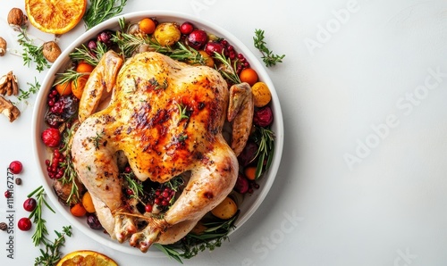 roasted chicken on isolated white background top view