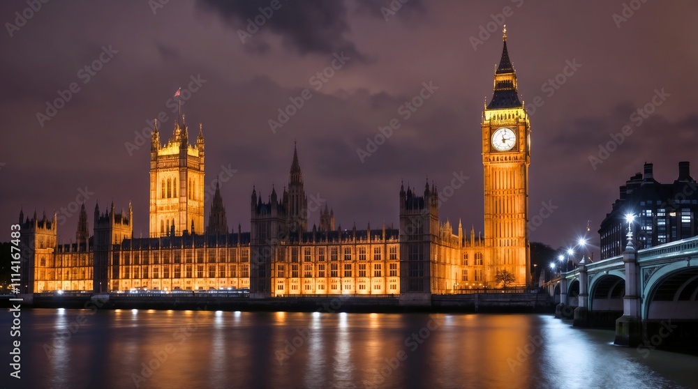 Fototapeta premium Big Ben at night, capturing the iconic clock tower illuminated by glowing lights. The scene showcases stunning architectural details against a dark sky, exuding timeless elegance.