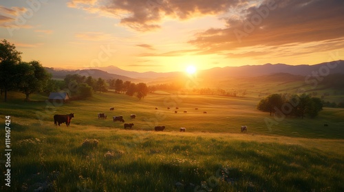 Serene landscape at sunset with grazing cows in a lush field.