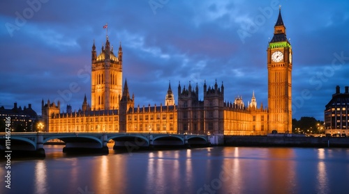 Big Ben at night, capturing the iconic clock tower illuminated by glowing lights. The scene showcases stunning architectural details against a dark sky, exuding timeless elegance.
