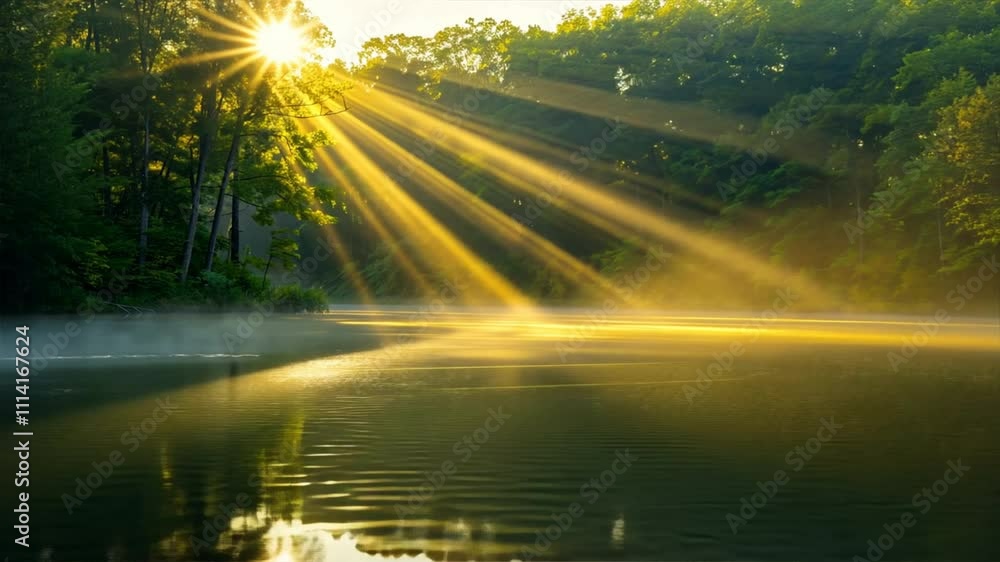 Serene Landscape Golden Rays of Sunlight Streaming Through Trees Over Tranquil Lake, Creating Magical Reflection in Natures Water, Enhancing Atmosphere of Serenity. Serene Landscape Golden Rays of Sunlight Streaming Through Trees Over Tranquil Lake, Creating Magical Reflection in Natures Water, Enhancing Atmosphere of Serenity.