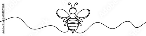 One continuous line illustration of a bee, isolated on white background. Line art of bee
