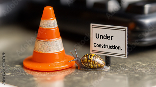 A construction-themed scene featuring a small snail beside a traffic cone and a sign reading 