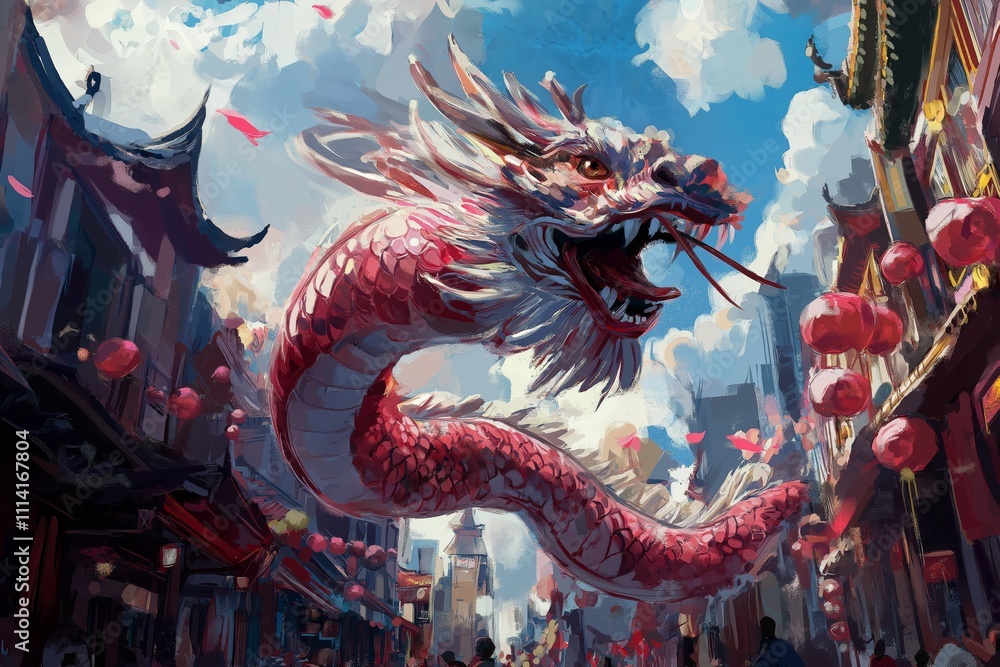 Vibrant Dragon Dance in Chinatown Celebrating Lunar New Year Festivities Vibrant Dragon Dance in Chinatown Celebrating Lunar New Year Festivities