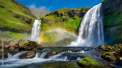 Majestic Waterfall with Rainbow  Green Landscape  Iceland