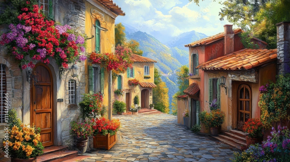 Fototapeta premium Rustic European village with colorful buildings, narrow cobblestone streets, vibrant flowers in window boxes, warm and inviting, old-world charm