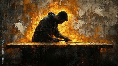 Skilled Craftsman Working with Wood in Workshop Surrounded by Textured Wall and Vibrant Orange Lighting Effects