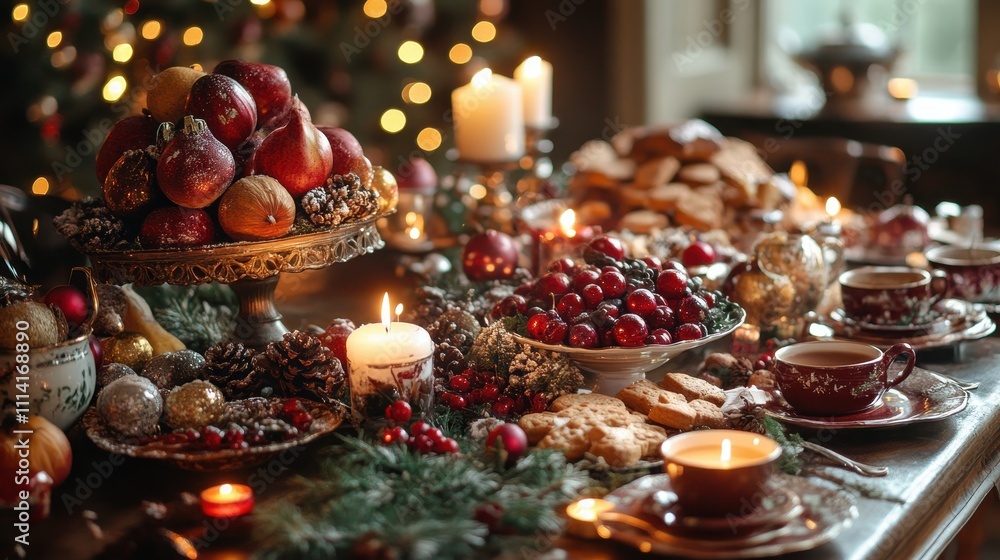 A Christmas table with hot chocolate, gingerbread, fruits, and candles A Christmas table with hot chocolate, gingerbread, fruits, and candles