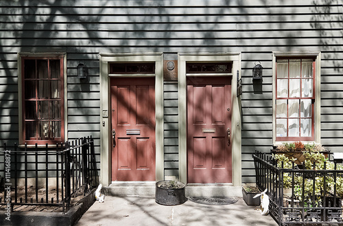 Brooklyn House. The wooden building is typical of old architecture in Brooklyn Heights, New York. Two red doors with a white trim sit in front of a gray house