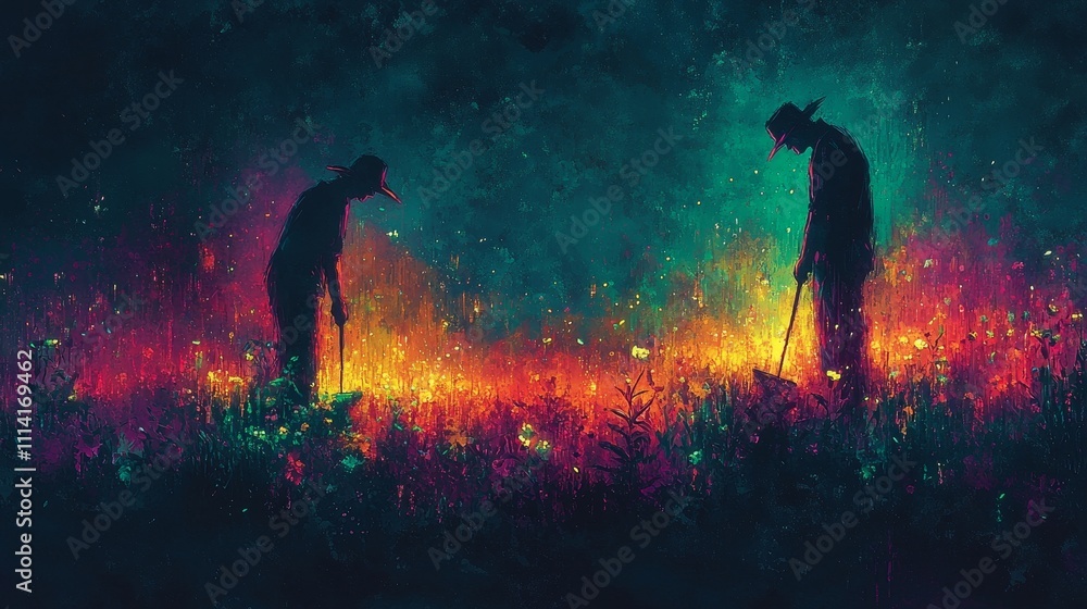 Vibrant Abstract Scene with Two Silhouettes Working in a Colorful Field at Dusk with Artistic Lighting Effects Vibrant Abstract Scene with Two Silhouettes Working in a Colorful Field at Dusk with Artistic Lighting Effects
