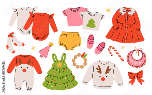 Christmas outfit for newborn or toddler girl. Winter Outfit for baby girl on xmas holidays. Cartoon vector Illustration with collection of festive clothes.