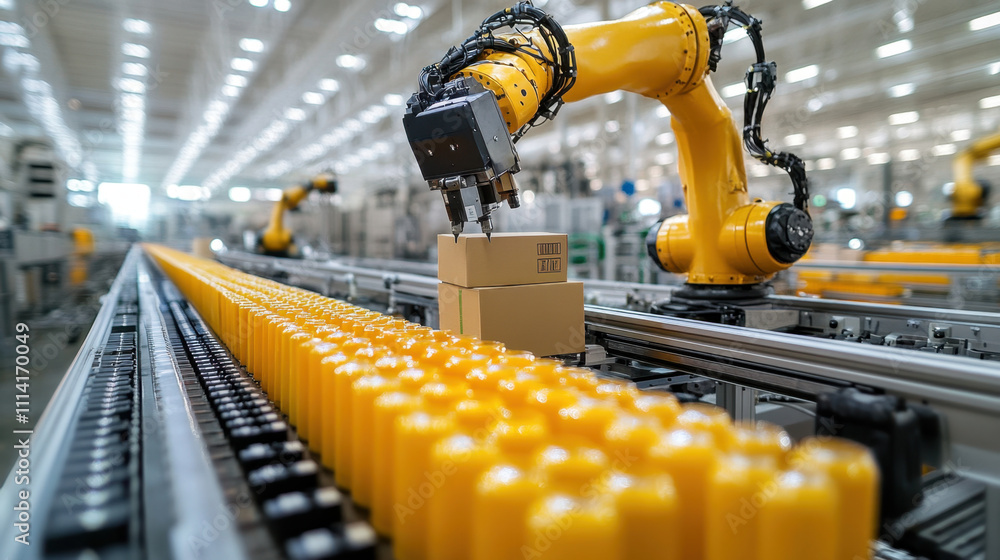Juice factory. A robotic arm operates in a modern factory, efficiently handling boxes on a conveyor belt surrounded by yellow containers. Juice factory. A robotic arm operates in a modern factory, efficiently handling boxes on a conveyor belt surrounded by yellow containers.