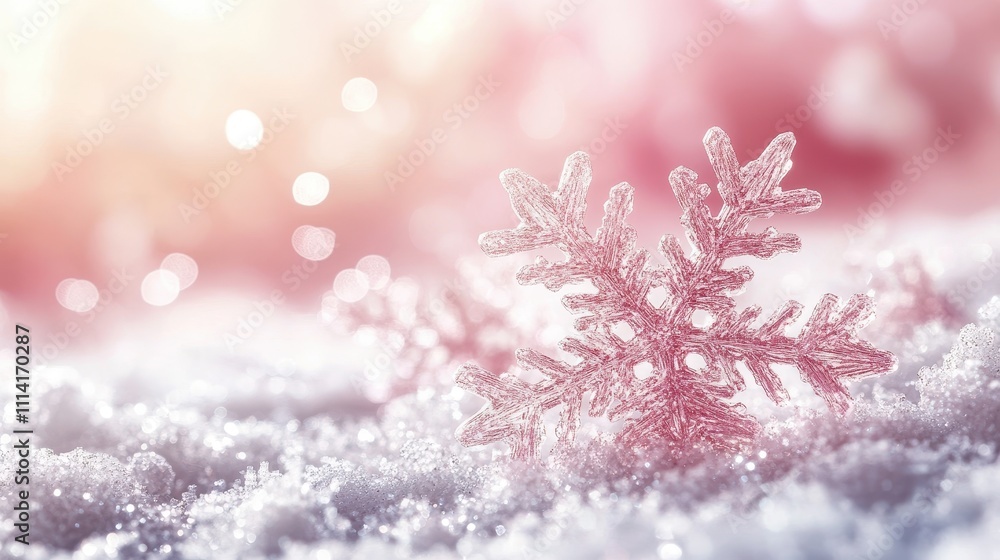 Soft pink and white copy space over a winter background with blurred snowflakes Soft pink and white copy space over a winter background with blurred snowflakes