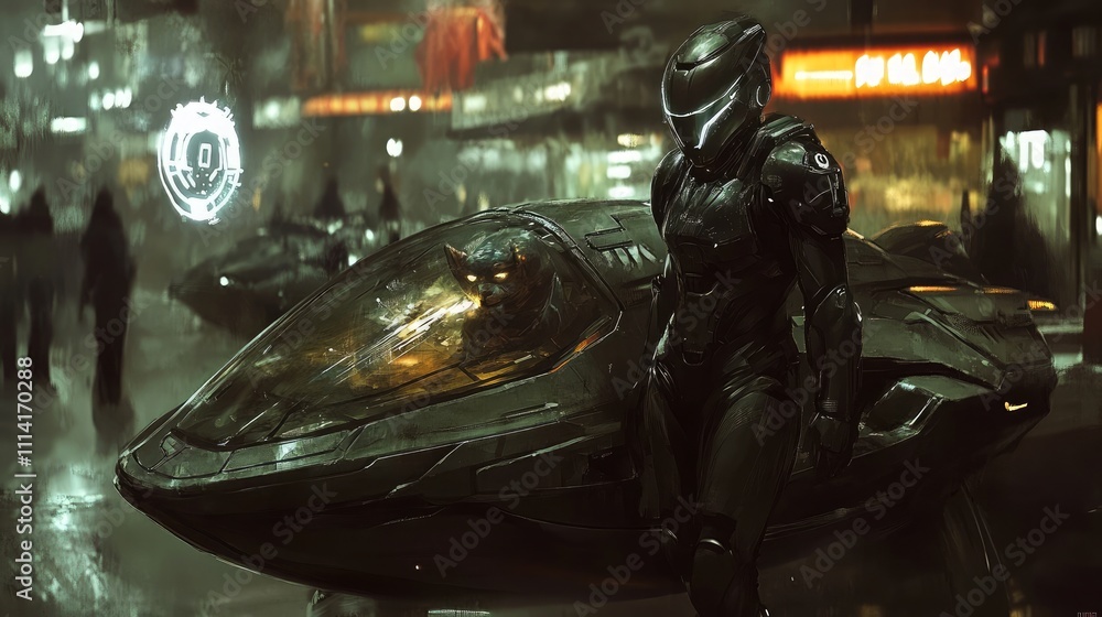 A figure in a dark suit stands beside a sleek hovercraft at night A figure in a dark suit stands beside a sleek hovercraft at night