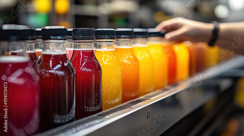Juice factory. A vibrant display of colorful juice bottles, showcasing various flavors lined up neatly, with a hand reaching for a drink.