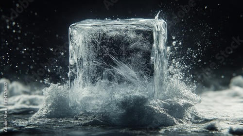 cinematographic image widescreen of a translucid ice cube with black background