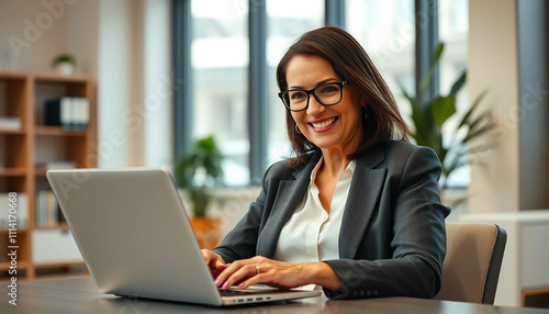 Hyper-Realistic Portrait of Confident Brunette Woman in Business Suit with Stylish Glasses