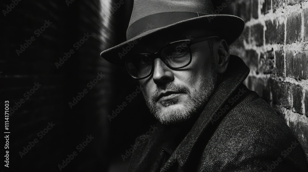 Black and white photo of a man with glasses and fedora hat, dark alley background, isolated with dramatic lighting, noir-inspired portrait Black and white photo of a man with glasses and fedora hat, dark alley background, isolated with dramatic lighting, noir-inspired portrait