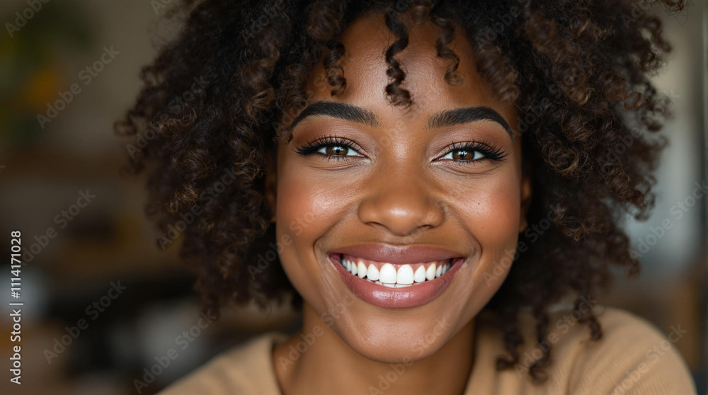 Hyper-Realistic Close-Up Portrait of Smiling Black Woman with Curly Hair and Natural Smile Hyper-Realistic Close-Up Portrait of Smiling Black Woman with Curly Hair and Natural Smile