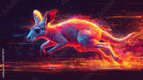 Vibrant Illustration of a Kangaroo in Motion with Colorful Abstract Background and Dynamic Energy Effects photo