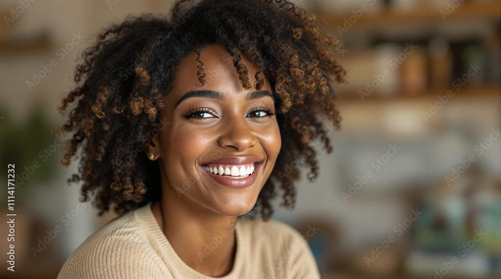 Fototapeta premium Hyper-Realistic Close-Up Portrait of Smiling Black Woman with Curly Hair and Natural Smile