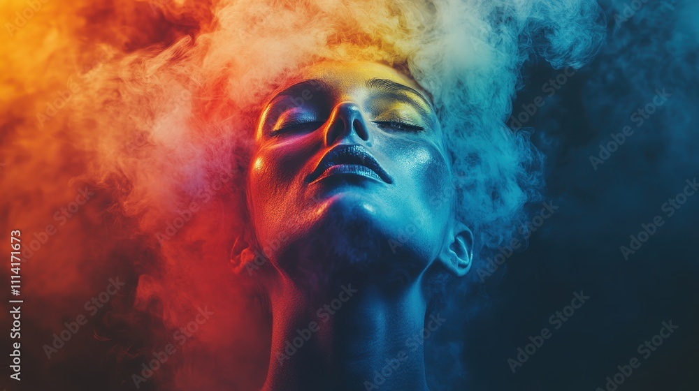The human head is covered in smoke, colored smoke, rainbow smoke spreads all around the head The human head is covered in smoke, colored smoke, rainbow smoke spreads all around the head