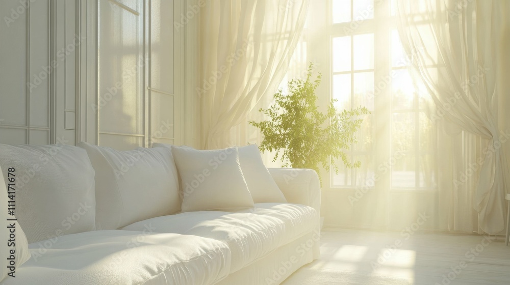 Fototapeta premium Elegant living room with white sofa, isolated with natural sunlight