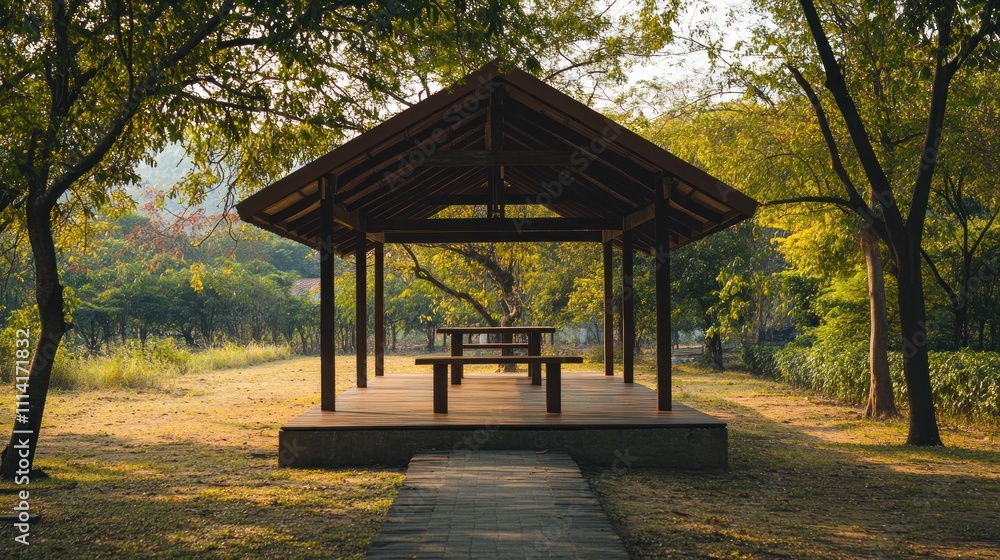 Wooden Gazebo Park Bench Secluded Forest Setting Wooden Gazebo Park Bench Secluded Forest Setting