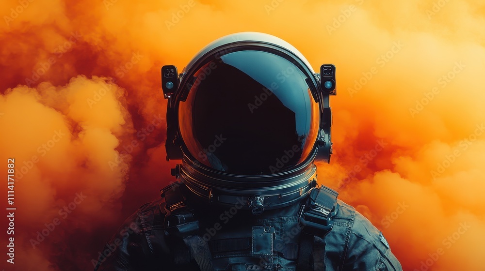 Astronaut helmet with orange clouds in background Astronaut helmet with orange clouds in background