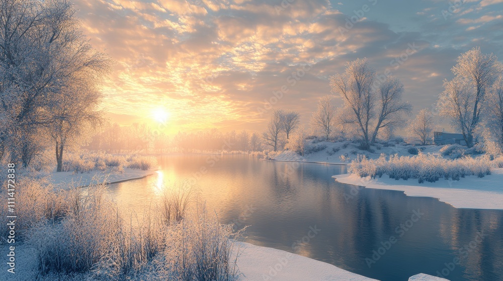Fototapeta premium Beautiful winter landscape with a frozen lake