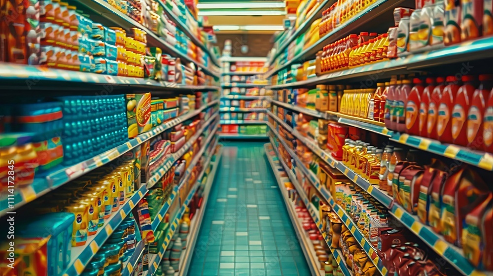 Aisle of vibrant packaged goods in a well-stocked supermarket Aisle of vibrant packaged goods in a well-stocked supermarket