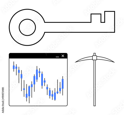 Large key, stock market graph, and pickaxe representing security, finance, and mining. Ideal for financial analysis, cybersecurity, data mining, investments resource extraction and digital assets