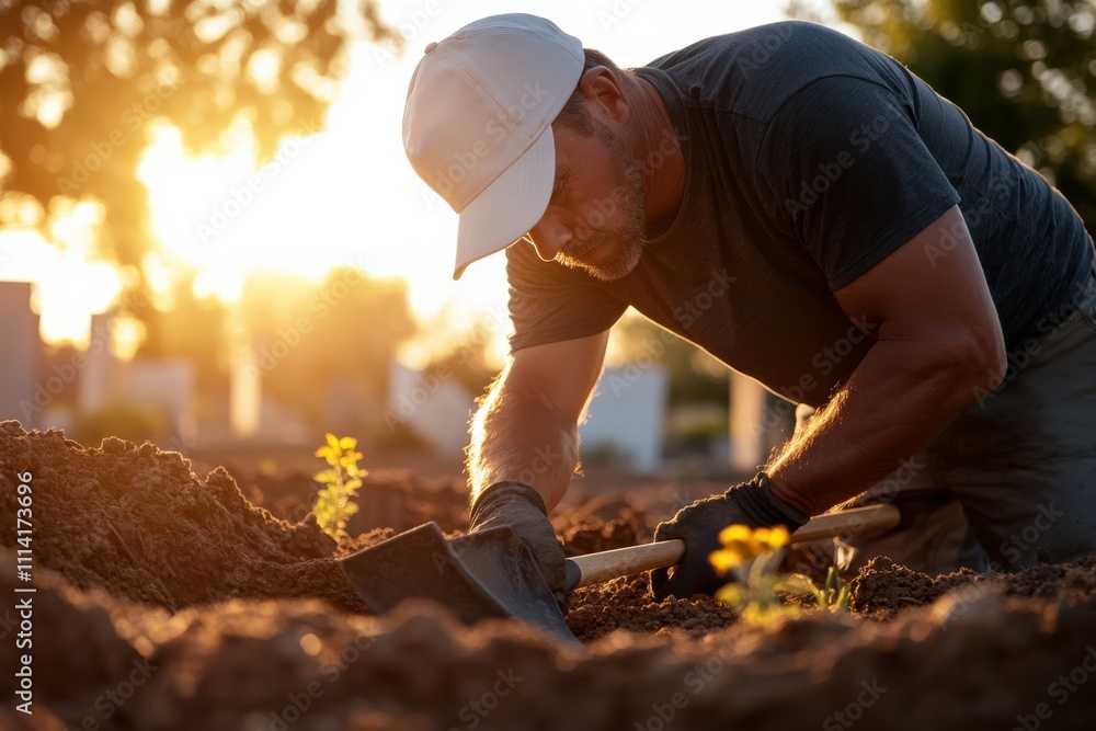 A gardener works diligently in a serene graveyard, representing care and dedication in preserving a peaceful resting place filled with vibrant life among gravestones. A gardener works diligently in a serene graveyard, representing care and dedication in preserving a peaceful resting place filled with vibrant life among gravestones.