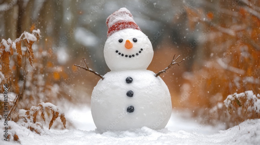 Cheerful snowman with a wide smile standing amidst snow-covered trees, perfect for winter-themed decorations Cheerful snowman with a wide smile standing amidst snow-covered trees, perfect for winter-themed decorations