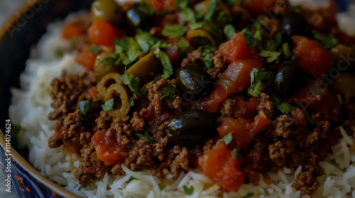 Traditional Cuban picadillo dish, ground beef stewed with tomatoes, olives, and raisins, served over white rice