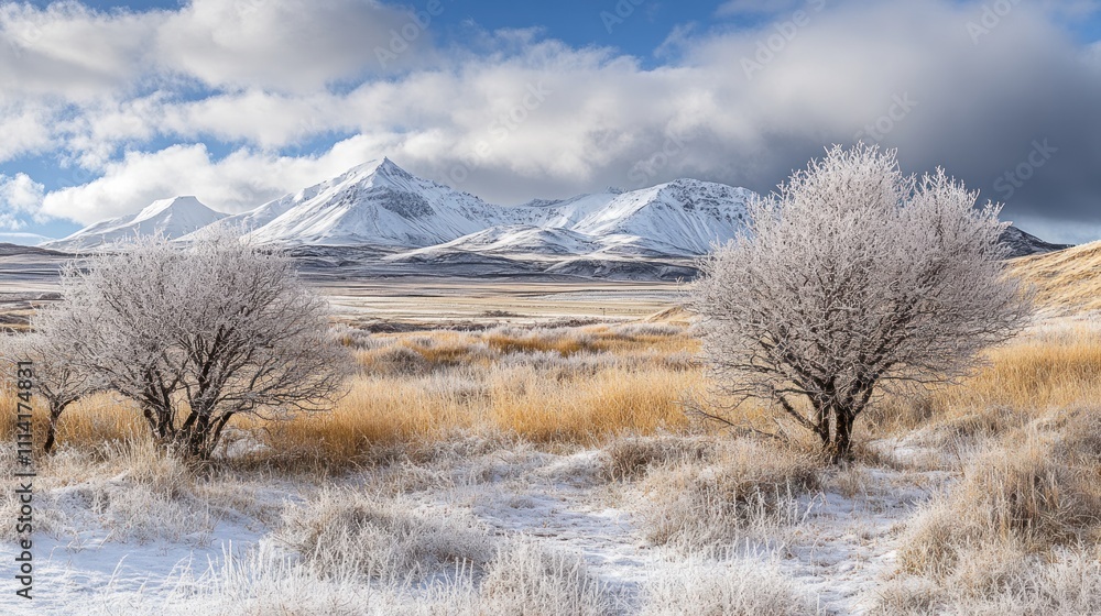 Frosty Trees and Snow Covered Mountains Under a Cloudy Sky Frosty Trees and Snow Covered Mountains Under a Cloudy Sky