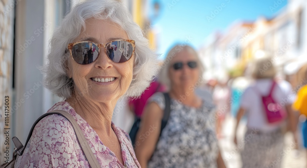 A group of happy elderly women on vacation, walking through the streets in their colorful and sunglasses A group of happy elderly women on vacation, walking through the streets in their colorful and sunglasses
