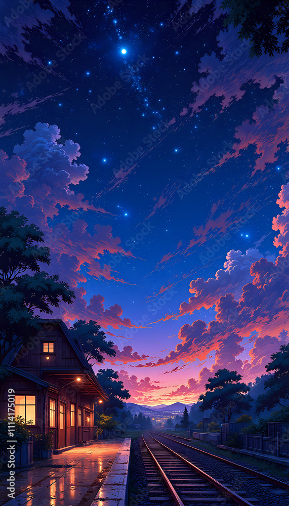 digital art of a train station at night under a night sky with stars digital art of a train station at night under a night sky with stars